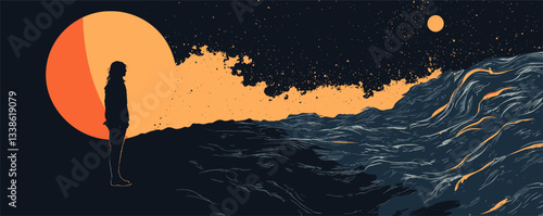 Silhouetted woman gazes at abstract ocean waves under orange night sky and celestial bodies.