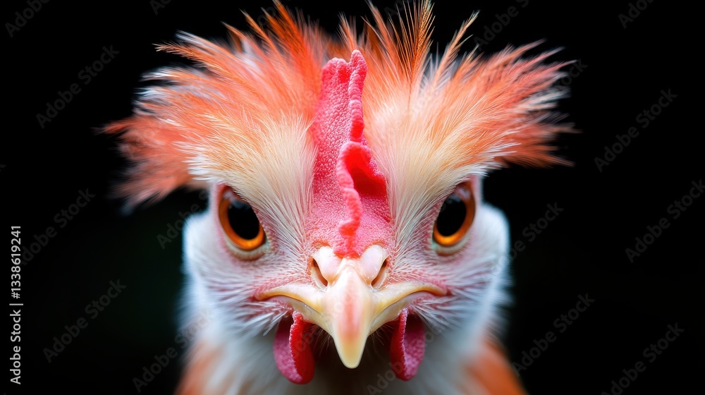 Fototapeta premium An eye-catching headshot of a colorful chicken, providing a vibrant representation of farm life while highlighting the curious and expressive nature of these charming creatures.