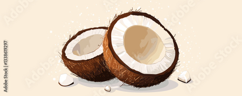 Halved coconuts on a light background with coconut pieces and brown shell.