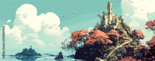 Majestic castle on hilltop overlooking tranquil sea in vibrant autumn landscape.