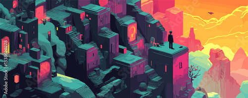 Futuristic cityscape with lone male figure at sunset amidst surreal geometric structures.