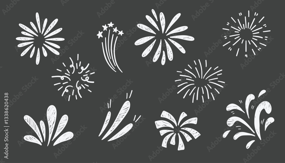 Fototapeta premium Set of hand drawn fireworks. Vector illustration. Isolated on grey background.