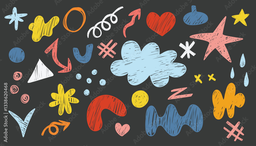 Fototapeta premium Set of hand drawn doodle elements isolated on black background. Vector illustration.
