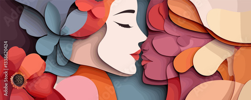 Abstract art of two women kissing with floral elements and soft pastel colors.