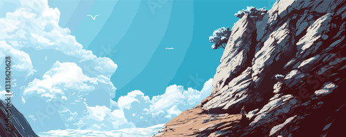 Majestic cliffside and expansive sky with birds and clouds depicting natural serenity.