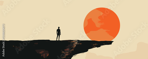 Silhouette of a person standing on cliff against vibrant orange sunset sky.