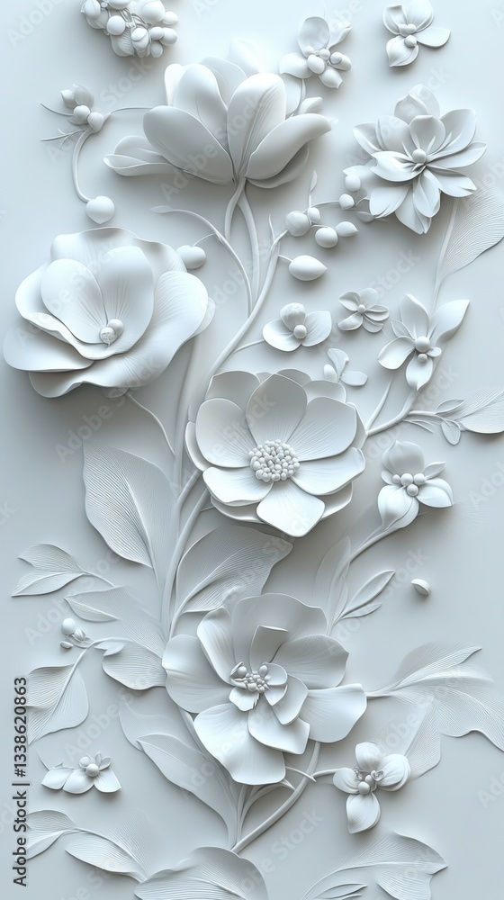 Elegant floral arrangement in white monochrome capturing intricate details and delicate textures for serene and minimalist aesthetic appeal Elegant floral arrangement in white monochrome capturing intricate details and delicate textures for serene and minimalist aesthetic appeal