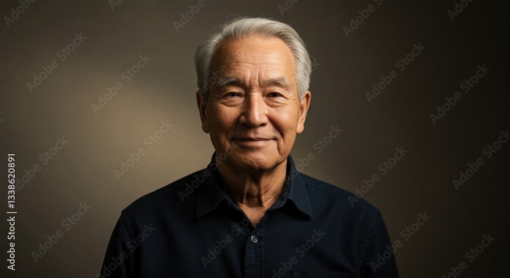 Portrait of a Wise Elderly Man Smiling with Grace in a Dark Studio Setting. Portrait of a Wise Elderly Man Smiling with Grace in a Dark Studio Setting.