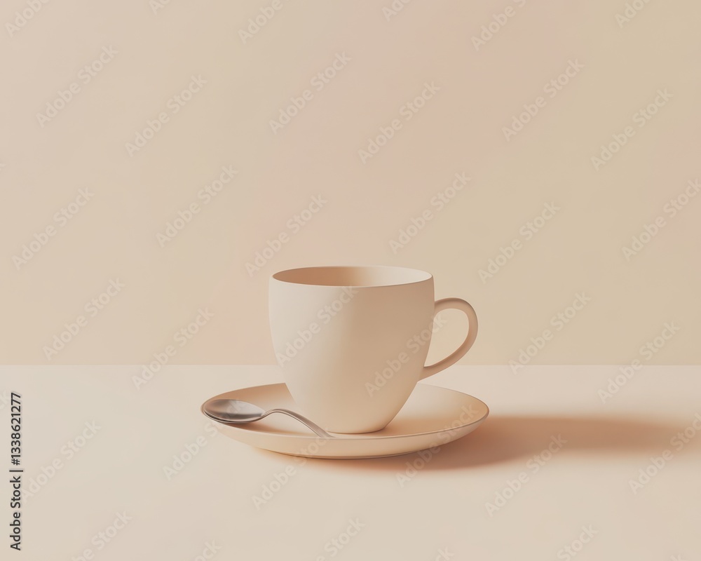 Minimalistic Coffee Cup with Spoon on Soft Beige Background Minimalistic Coffee Cup with Spoon on Soft Beige Background