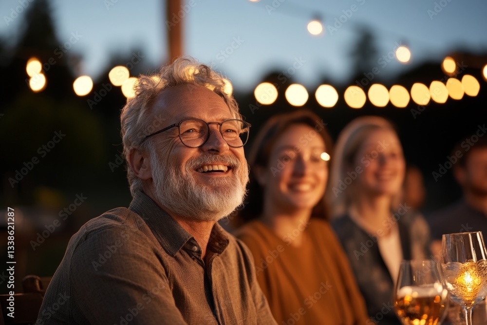 Obraz premium Joyful gathering during an evening celebration with friends under string lights