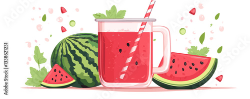 Fresh watermelon juice with straw and whole fruit on white background.