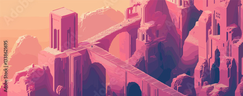 Surreal ancient ruins in warm sunset colors with bridges and towers.