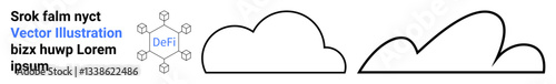 Blockchain diagram connected to decentralized finance node with two minimalist cloud outlines. Ideal for finance, technology, blockchain, decentralized systems, cloud computing, fintech, simple
