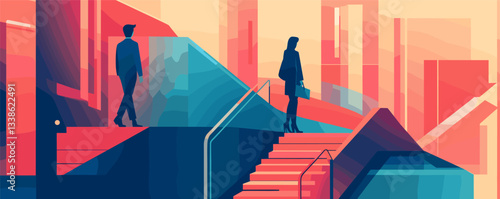 Abstract urban scene with silhouetted figures on colorful geometric staircases.