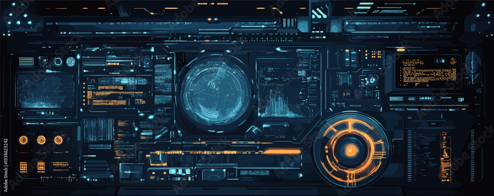 High-tech futuristic control panel with interactive digital displays and data visualizations. High-tech futuristic control panel with interactive digital displays and data visualizations.