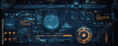 High-tech futuristic control panel with interactive digital displays and data visualizations.
