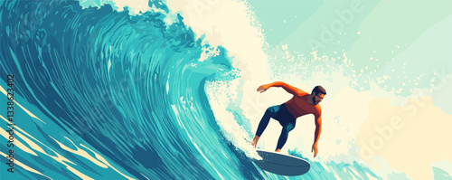 Athletic man surfing a massive ocean wave on a sunny day.