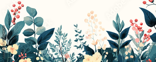 Lush tropical plants and flowers in vibrant botanical garden illustration.