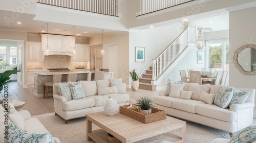 airy open-plan living room and kitchen area  featuring light beige cream colored sofas  armchairs  and a wooden coffee table