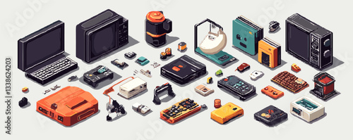 Retro electronics collection: vintage tvs, consoles, and gadgets in pixel art style.