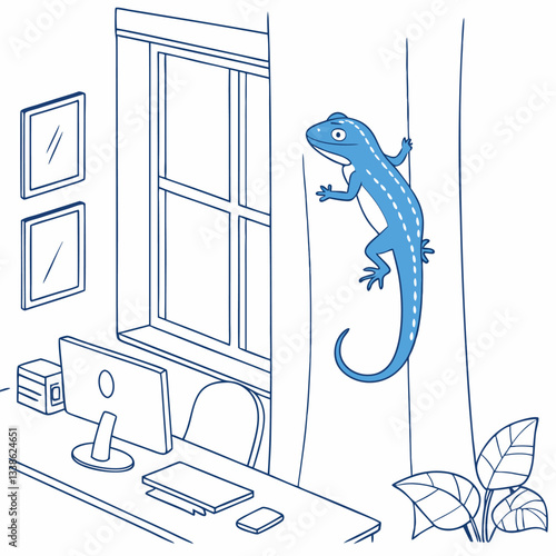 Blue Lizard on Curtain: Home Office Illustration - Whimsical Vector Graphic.