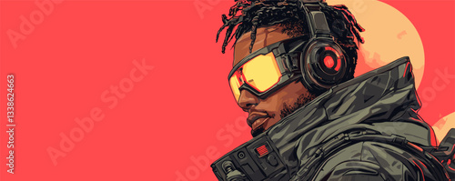 Futuristic portrait of young man in headphones and goggles against red background.