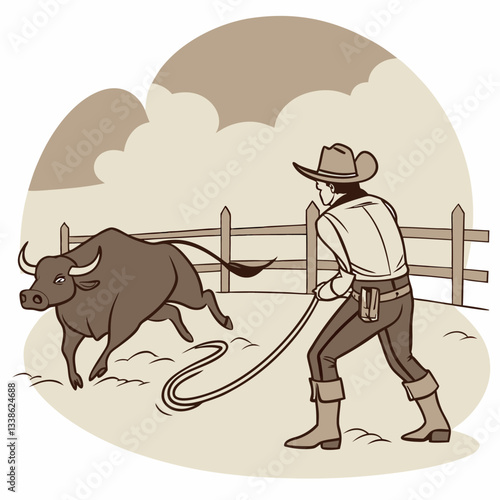 Cowboy Lassoing Bull: Sepia-toned Vintage Illustration - Ranch, Rodeo.