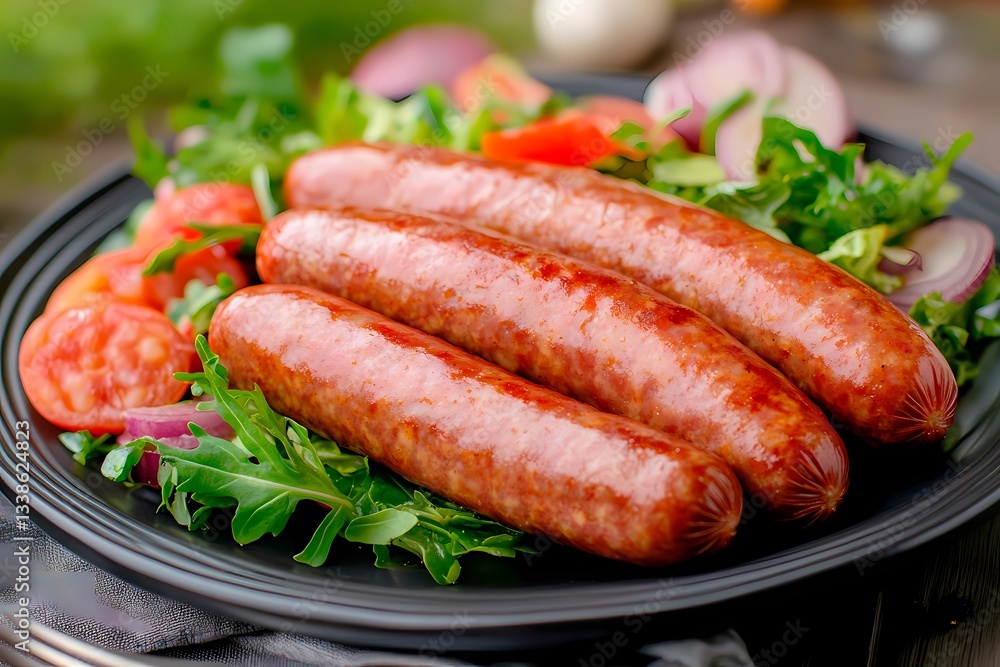 Juicy sausages are grilled to perfection and arranged neatly on a plate alongside a colorful mix of fresh lettuce, tomatoes, and onions, creating an appetizing meal Juicy sausages are grilled to perfection and arranged neatly on a plate alongside a colorful mix of fresh lettuce, tomatoes, and onions, creating an appetizing meal