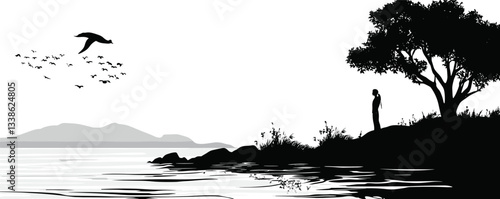 Serene landscape with woman by lake, flying birds, and silhouetted tree at sunset.