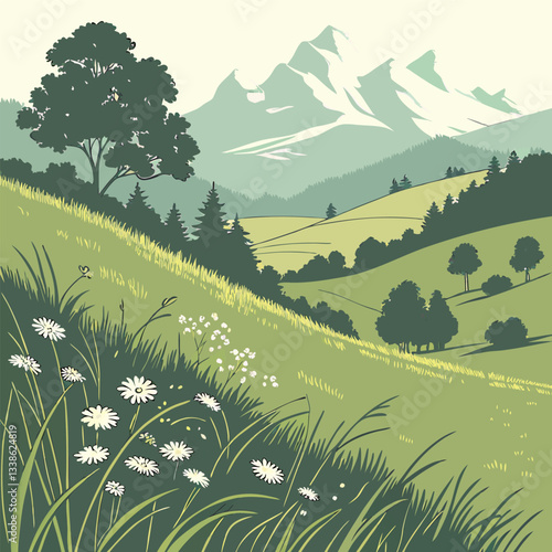Alpine Meadow Landscape:  Snow-Capped Mountains, Wildflowers.
