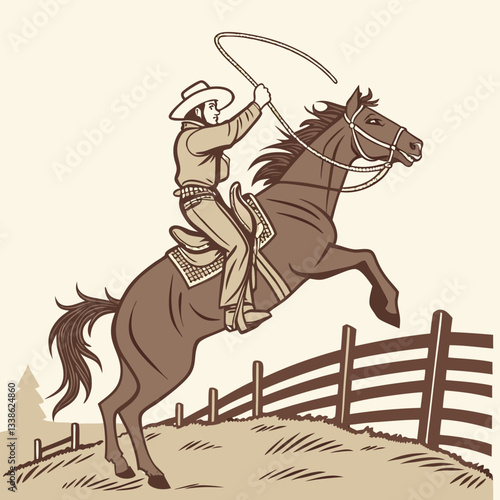 Bucking Bronco Rodeo Cowboy: Vintage Western Illustration - Sepia Tones.