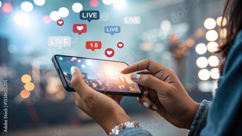 A person watches a live concert on a smartphone, engaged with social media reactions like hearts and comments, in a vibrant and dynamic environment.