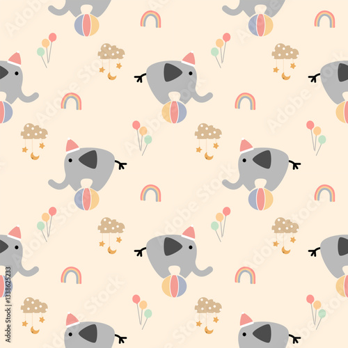Elephant play ball cartoon so cute. On rainbow balloon cloud star background. Pattern seamless vector illustration. 