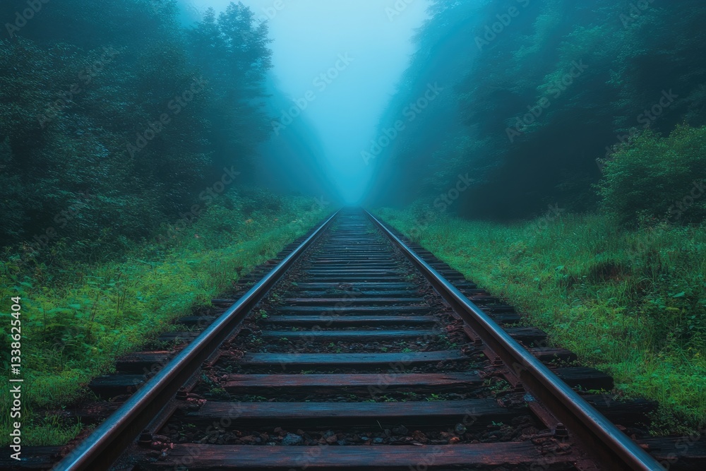A photograph of an old railway track in the middle of a green forest, with a foggy, A photograph of an old railway track in the middle of a green forest, with a foggy,