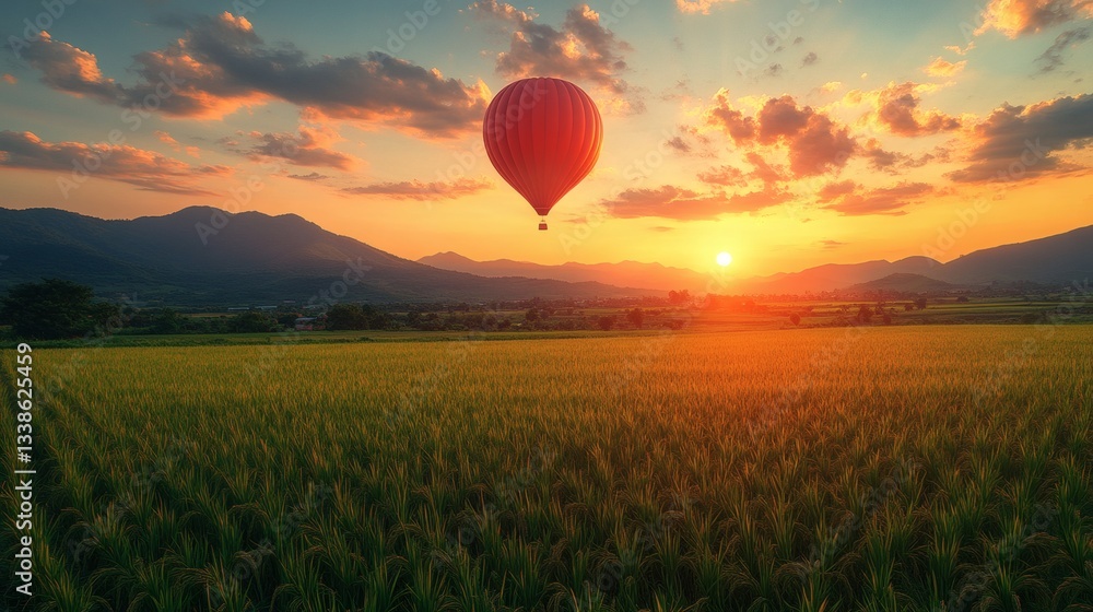 Obraz premium a hot air balloon floats gracefully at sunset over a vibrant green field, mountains in the background. The balloon is red, and the sky is filled with warm colors.
