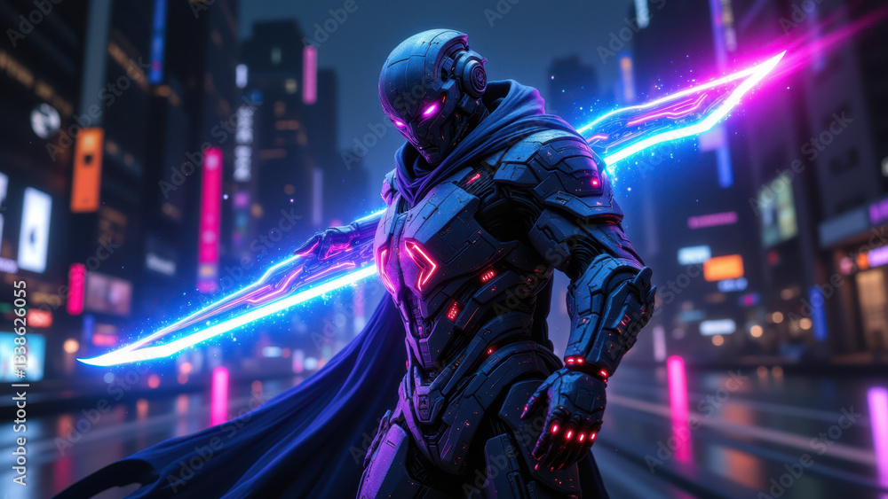 A futuristic robot warrior with a cybernetic armor standing on a city street, wielding blue energy blades.