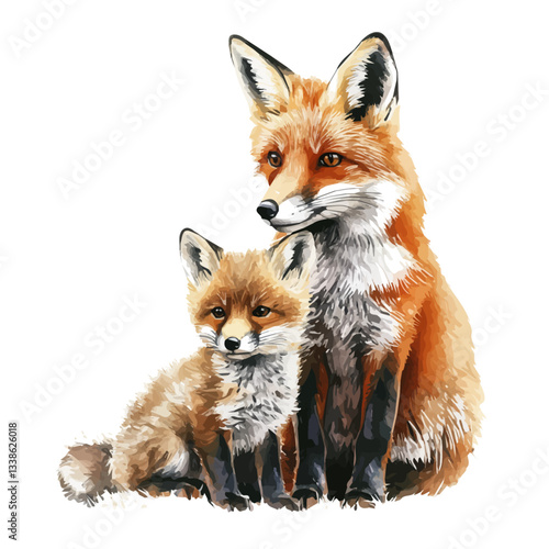 A watercolor vector painting of a mother red fox with her kid, isolated on a white background. Red fox vector.

