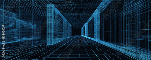 Futuristic blue wireframe hallway with geometric grid patterns and perspective depth.