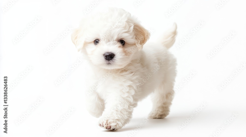 Obraz premium Adorable white puppy walking against white background; perfect for children's books or pet adoption campaigns