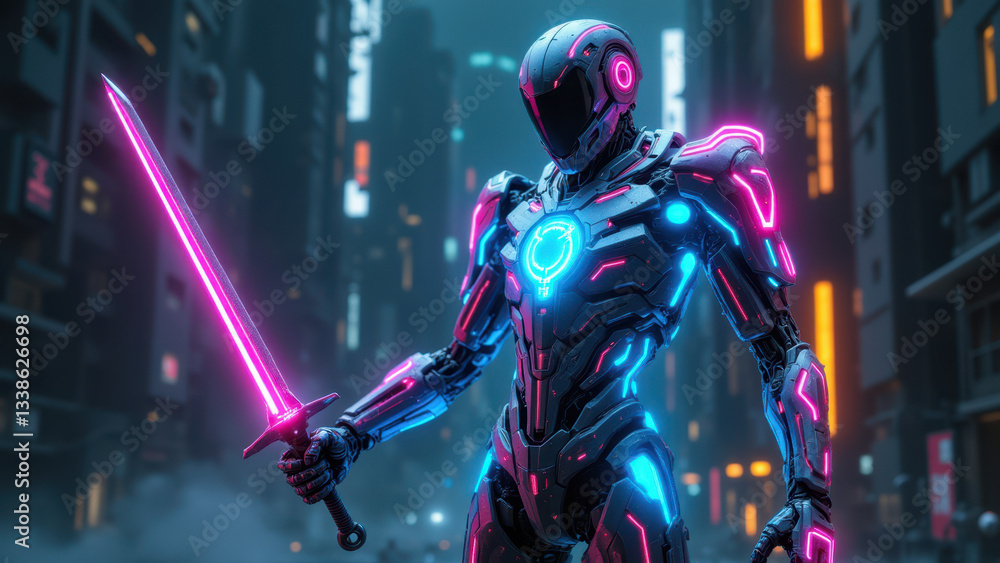 Naklejka premium Cybersecurity expert with futuristic armor and weapon standing on city street at night.