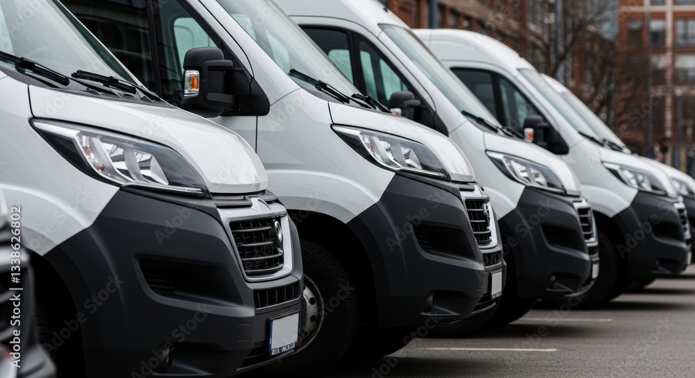 Fleet of modern white delivery vans parked in urban area ready for commercial transport Fleet of modern white delivery vans parked in urban area ready for commercial transport