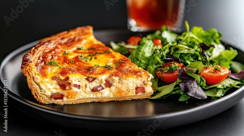 Wallpaper Mural A tempting slice of savory quiche served with a vibrant salad and cold beverage, showcasing a blend of appetizing flavors and freshness on a modern plate. Torontodigital.ca