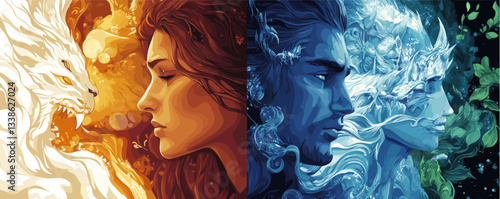 Dual elemental harmony: fire and earth vs. water and air with two faces and animals.