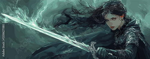Intense warrior woman wielding sword in dark fantasy setting with flowing hair and fierce expression.