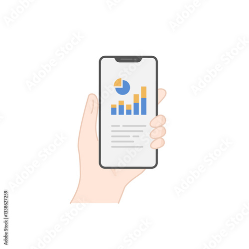 手に持ったスマホでグラフレポートをチェックするアイコン (線画・フラット)