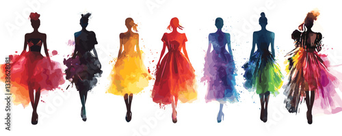 Colorful silhouettes of stylish women in vibrant artistic dresses.