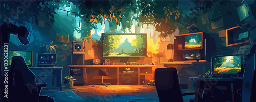 Cozy gamer room with nature theme and multiple screens in ambient lighting.