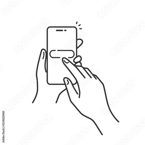 手に持ったスマホでボタン操作するベクターアイコン (線画・モノクロ)