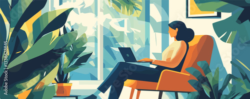 Woman in orange chair working on laptop amid lush indoor plants, sunlight streaming through window.