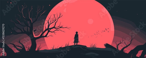 Silhouetted woman standing under lunar eclipse with barren trees and birds at night.